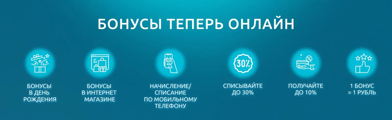 Бонусы теперь онлайн: бонусы в день рождения, в интернет-магазине, начисление и списание по телефону, списание до 30%, получение до 10%, 1 бонус = 1 рубль